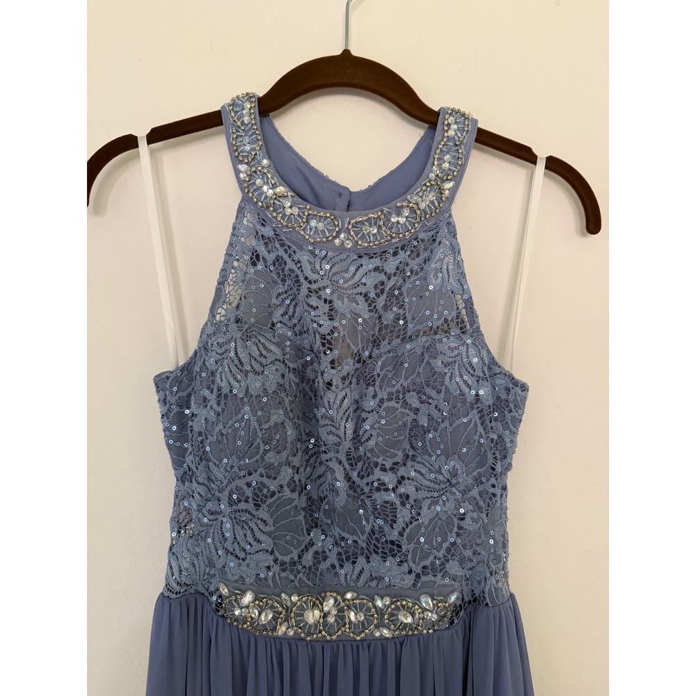 Periwinkle Blue Lace Sequin Halter Maxi Dress Jeweled Waist Formal Gown‎ - Picture 2 of 10